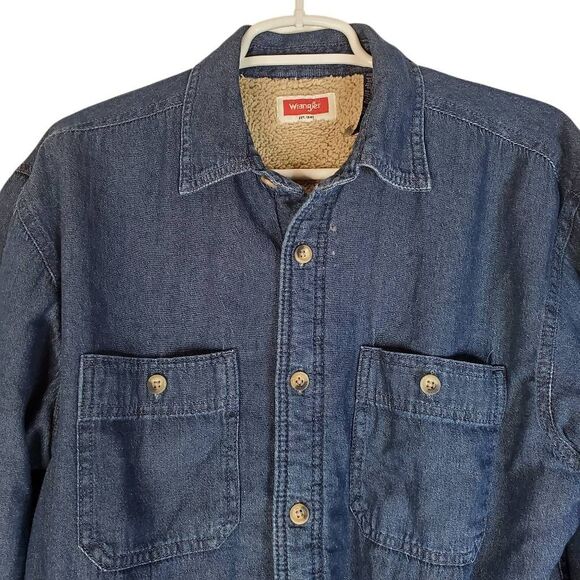 Wrangler Sherpa Lined Denim Shirt Jacket Shacket M Medium Blue - Picture 2 of 14
